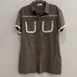 Olive Green Short-Sleeve Button dress with Lace Trim